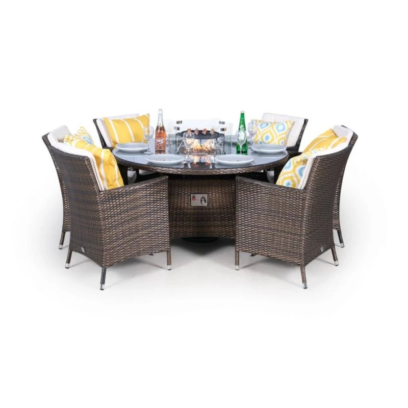 Image of Thats Furniture Savannah Fire Pit 6 Seater Round Rattan Dining Set in Brown Brown Unisex