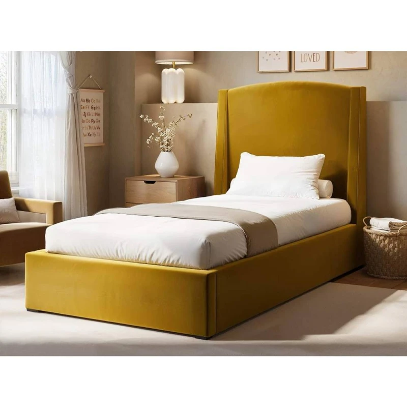 Image of Solace+Co Blaine Single Winged Headboard Ottoman Bed in Gold Gold Unisex Single