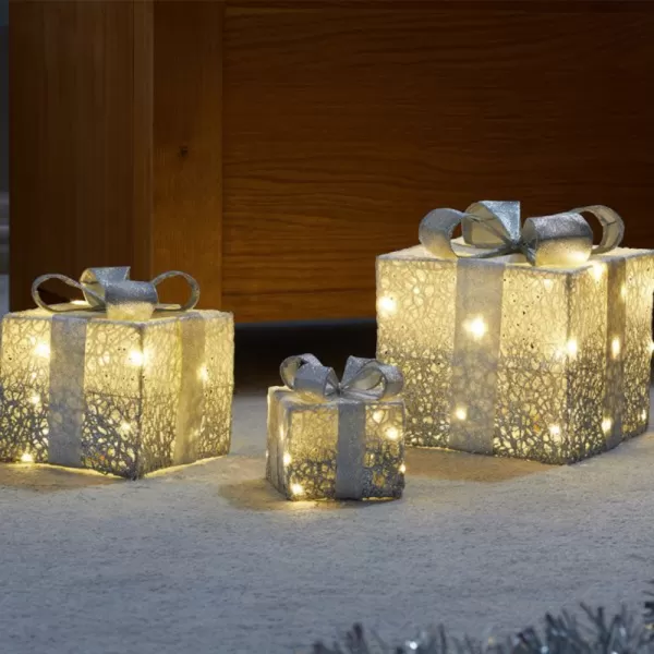 Image of Set of 3 Battery Operated Silver Sparkly Christmas Gift Boxes with LEDs