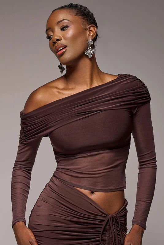 Image of Goddiva Womens Asymmetrical Top Goddiva Bardot Marron Female 36