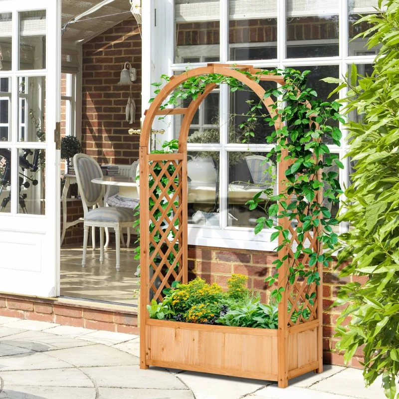 Image of OUTSUNNY Raised Garden Bed with Arch Trellis, Garden Planter Box, Brown Brown Unisex