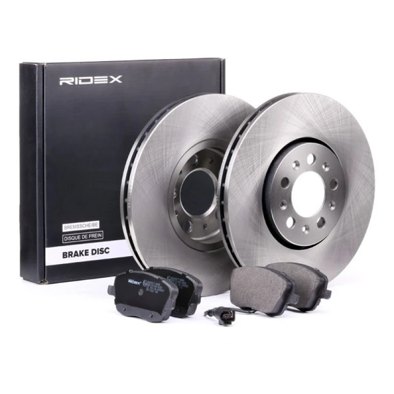 Image of RIDEX 3405B0084 Brake disc and pads set Front Axle, Brake Disc Type: Vented, incl. wear warning contact, with anti-squeak plate Brake Set,disc brakes