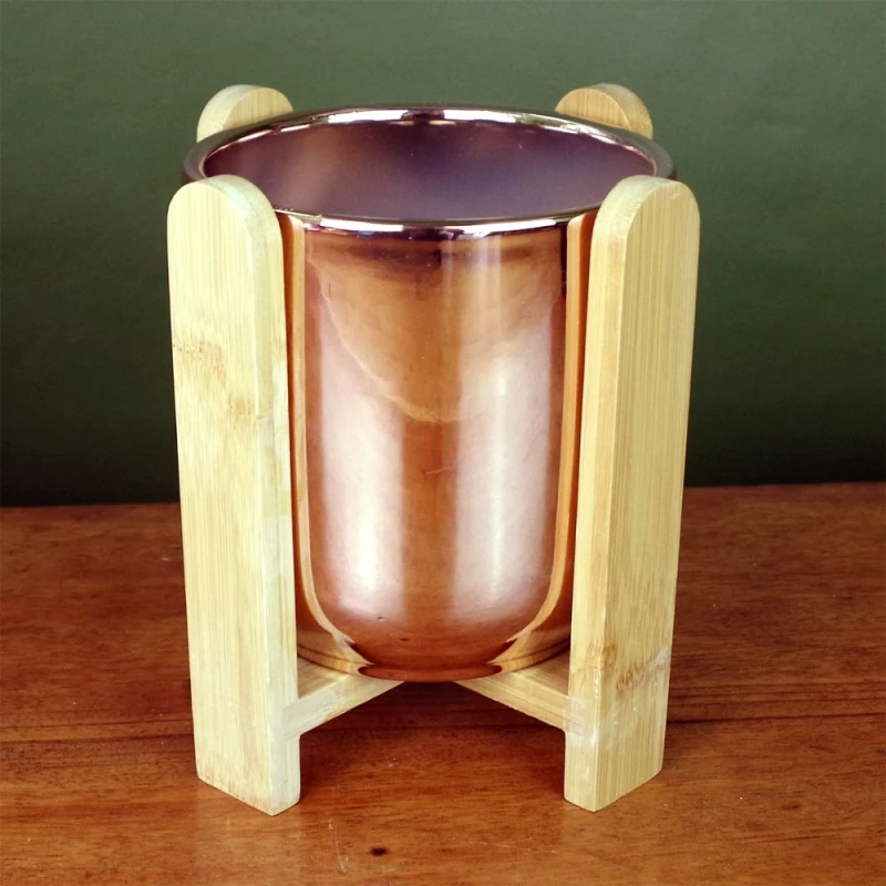 Image of Leaf Gold Ceramic Planter with Bamboo Stand Plant Pot Botanik Gold