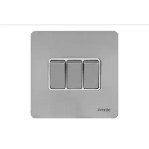 Image of Schneider Electric Ultimate Screwless Flat Plate - 3 Gang Toggle 2 Way Light Switch, Single Pole, 16AX, GU1432WSS, Stainless Steel with White Insert