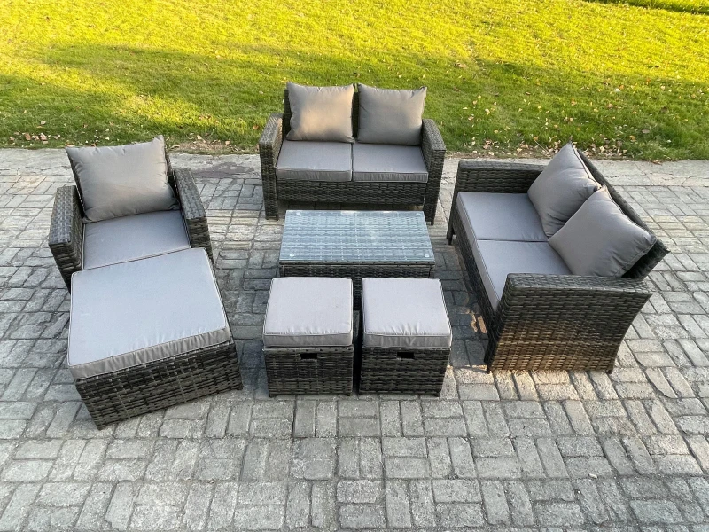 Image of Fimous Rattan Garden Furniture Set 8 Seater Patio Outdoor Lounge Sofa Chair Set with Rectangular Coffee Table 3 Footstools in Dark Grey Dark Grey Unis