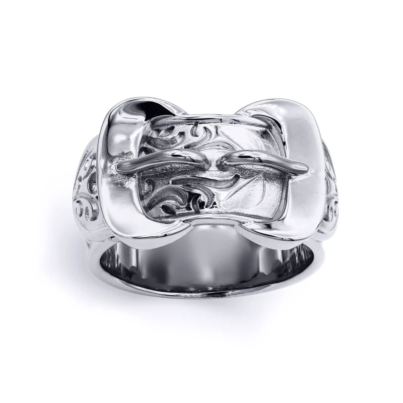 Image of Jewelco London Mens Rhodium Plated Silver Double Buckle Love Ring 11mm - ARN095 Silver