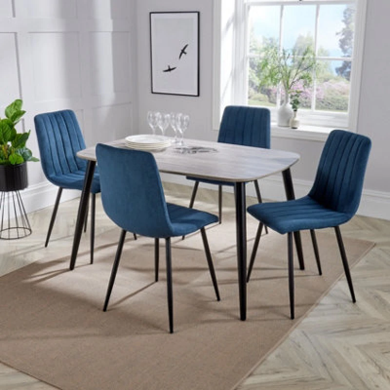 Image of Core Products Aspen Grey Oak Effect 120Cm Rectangular Dining Table With 4 Blue Cord Fabric Straight Stitch Design Chairs