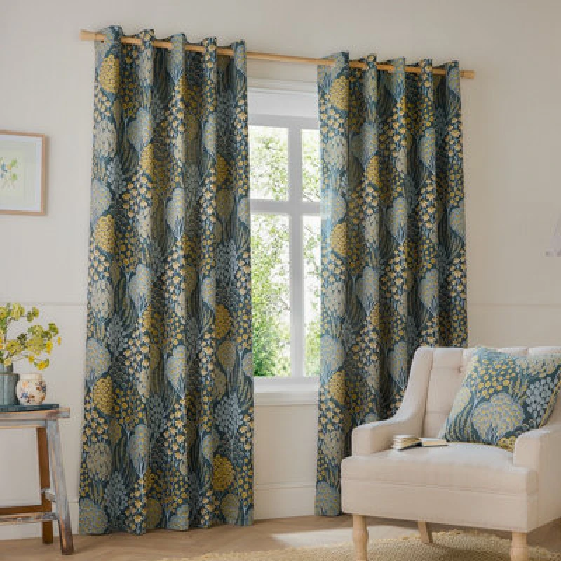 Image of Wylder Ophelia Floral Jacquard Room Darkening Eyelet Curtain Pair Blue/saffron (W)229Cmx (D)137Cm