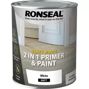 image of Ronseal - Stays White 2 in 1 Primer and Paint - White - Matt - 750ml - Pure Brilliant White