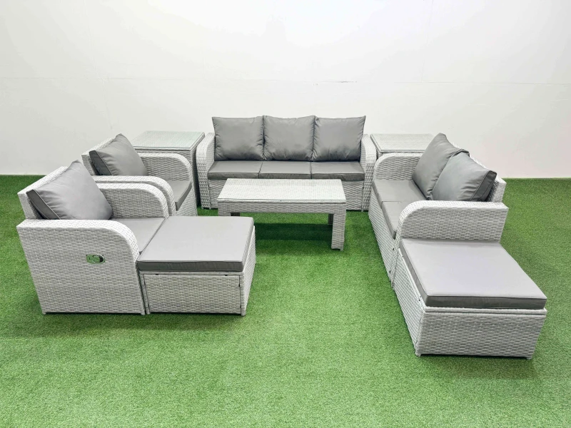 Image of Fimous PE Rattan Garden Furniture Set Adjustable Chair Sofa Double Love Seat 2 Seater Sofa Lounge Set Rectangular Coffee Table 2 Big Footstool 2 Side