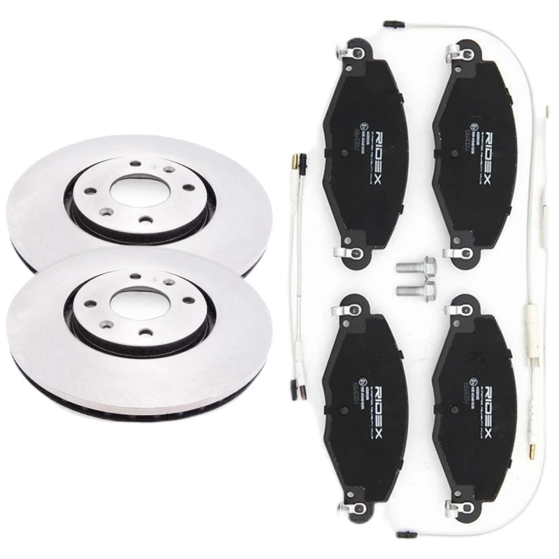 Image of RIDEX 3405B2561 Brake disc and pads set Front Axle, Brake Disc Type: Vented, incl. wear warning contact Brake Set,disc brakes (3405)