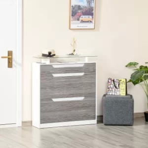 Image of HOMCOM Shoe Cabinet with 3 Drawers Storage Cupboard Tipping Bucket with Flip Door Glass Top Adjustable Shelf Large-Capacity for 14 Pairs Grey