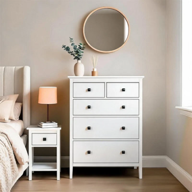 Image of Home Source Chest 5 Drawers Clothing Organiser MDF Bedroom Furniture 80cm Wide White