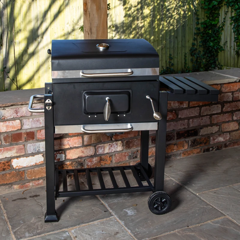 Image of Samuel Alexander 115x46x106cm Black Steel Portable Rectangular BBQ Trolley with Thermometer Gauge and Cover