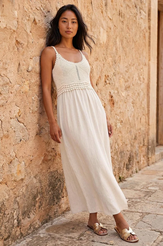 Image of Roman Womens Petite Crochet Bodice Cotton Maxi Dress in Natural Size: 18 Natural Female 18