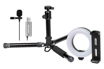 image of ProSound Vlogger Kit 4 with Portable Mid Size Tripod, Tablet/Phone Holder, LED Ring Light & Lavalier Microphone