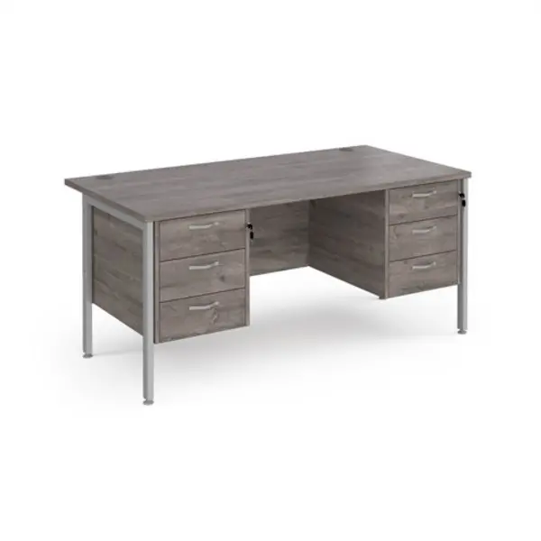 image of Maestro 25 straight desk 1600mm x 800mm with two x 3 drawer pedestals - silver H-frame leg, grey oak top