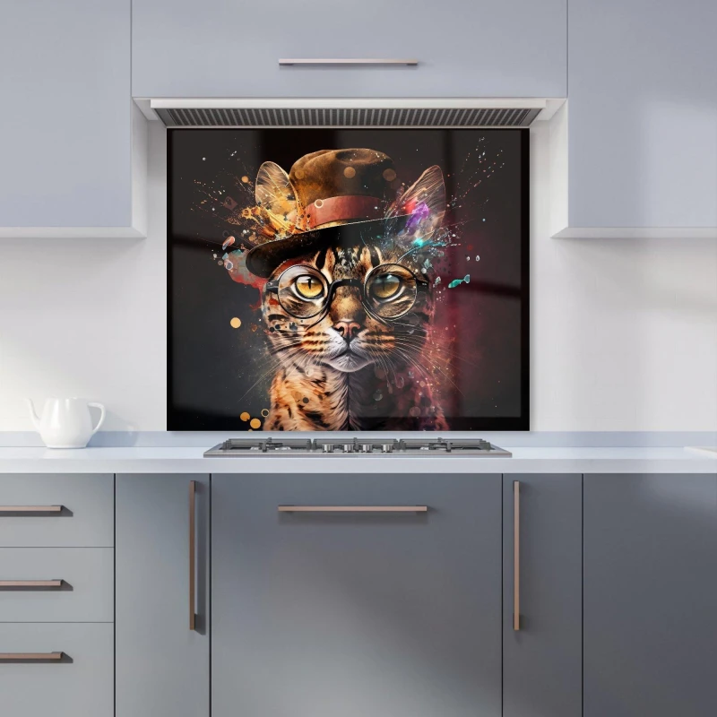 Image of Warren Reed - Designer Bengal Cat With Glasses Splashart Kitchen Splashback Size: 600mm x 750mm Multicolor Unisex 600mm x 750mm