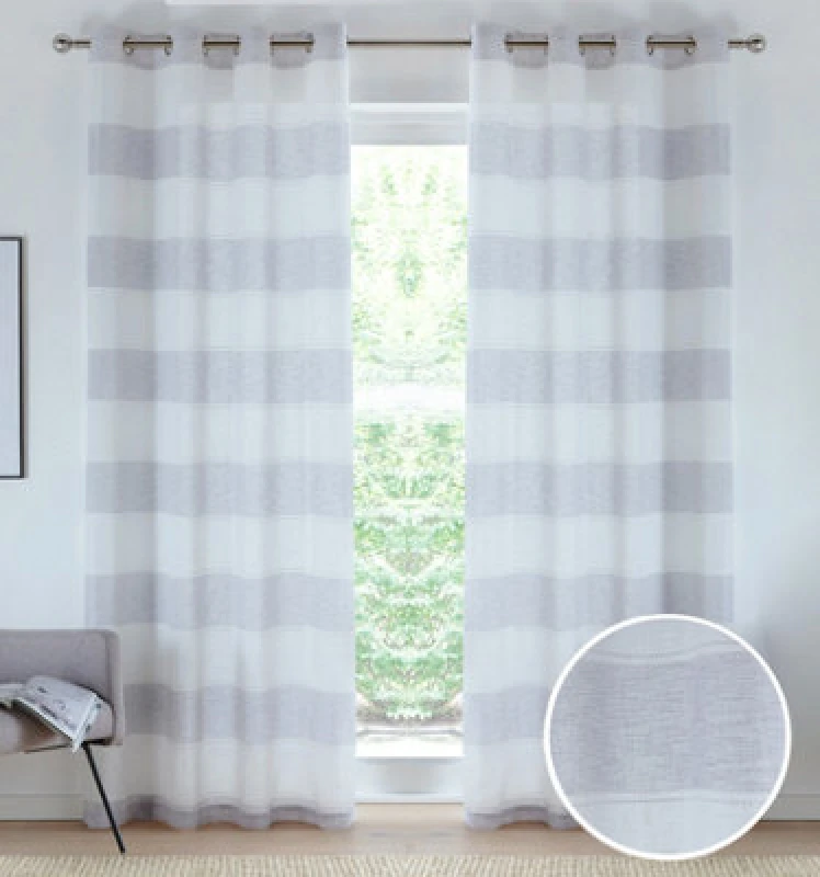 Image of Tyrone Textiles Pair Of Santorini Grey Linen Look Stripe Panels With Eyelet Header 137Cm