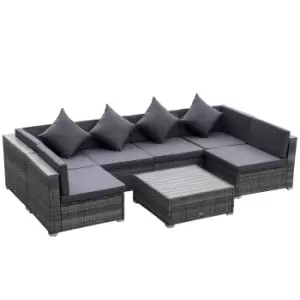 image of Outsunny 7 Pieces Patio Wicker Sofa Set, Outdoor PE Rattan Sectional Furniture Set w/ Acacia Table Top & Cushion for Garden, Backyard, Grey