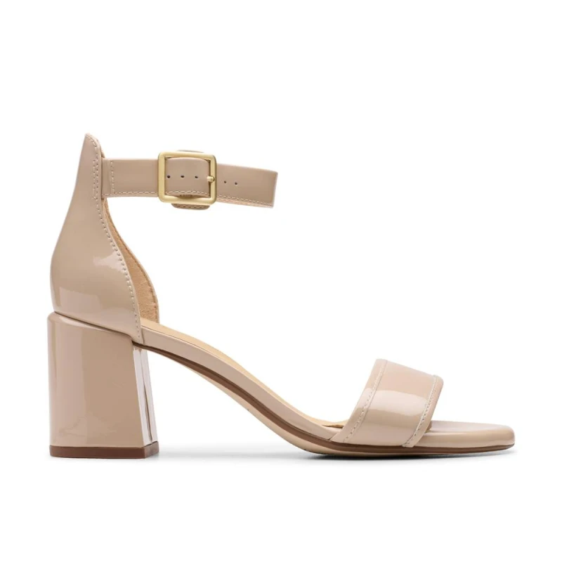 Image of Clarks Womens Ezoria Mae Sand Patent Heeled Sandals in Beige Size: 8-Standard Fit Beige Female 8-Standard Fit