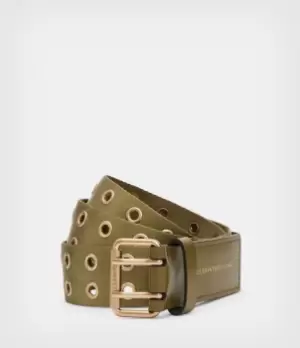 Image of AllSaints Womens Imogen Webbing Eyelet Belt, Khaki Green, Size: M/L