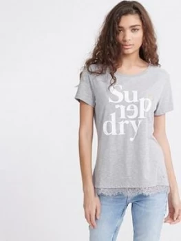 Image of Superdry Tilly Lace Graphic Tee - Grey Marl, Size 10, Women