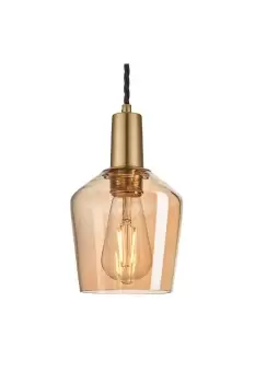 Image of Sleek Tinted Glass Schoolhouse Pendant, 5.5 Inch, Amber, Brass Holder