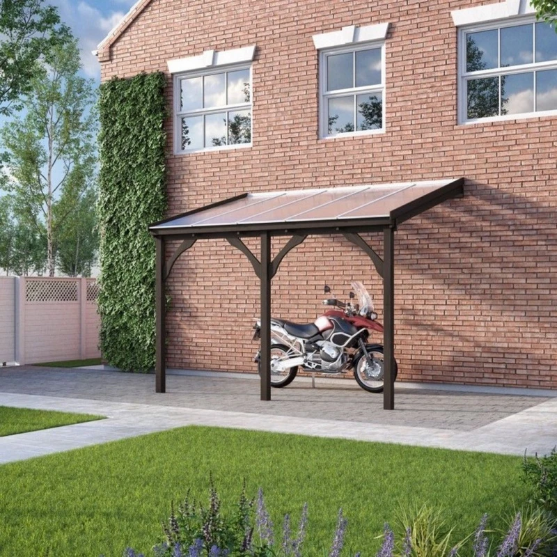 Image of Polycarbonate Roof Car Port 3 Post - Wood - L250 X W434cm - Rustic Brown