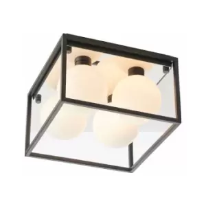Image of Matt Black Square Framed Semi Flush Bathroom Ceiling Light & Sphere Glass Shades
