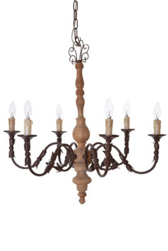 Image of Orsina Antique 6 Arm Chandelier, Wooden Body Decorative Ceiling Light, Distressed Metal Candle Chandelier