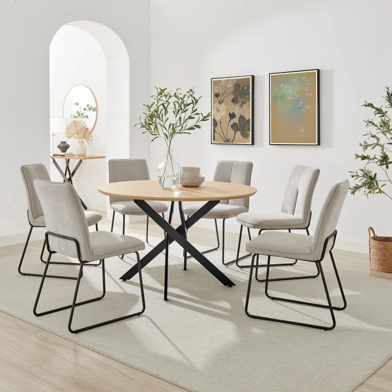 Image of FurnitureboxUK FurnitureboxUK Novara 120cm Oak Effect Dining Table & 6 Halleyy Taupe Fabric Chairs in Beige Beige One Size Unisex 5056784315309