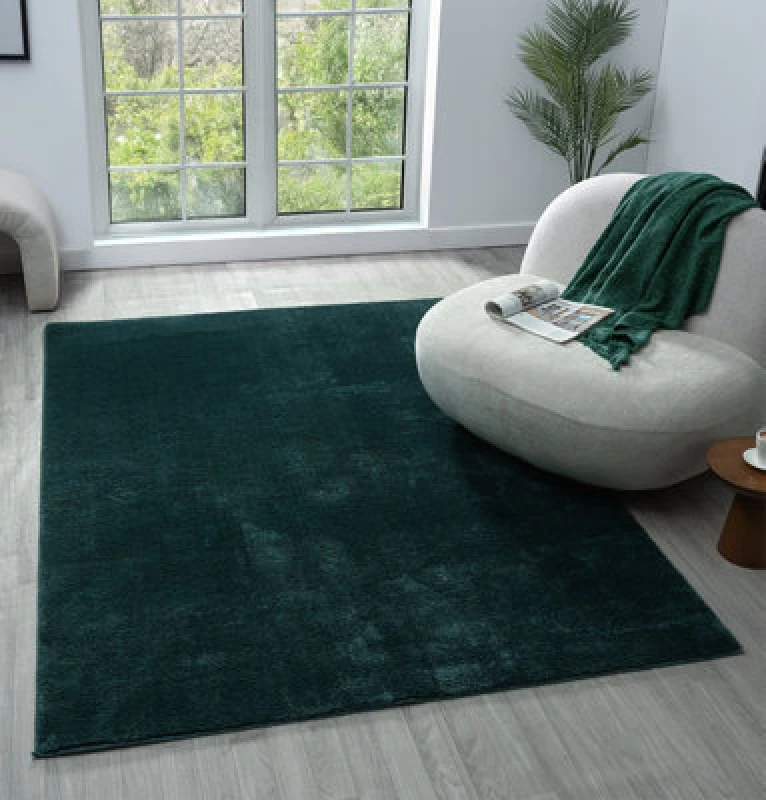 Image of Comfy Washable Low Pile Living Room Area Rug - Anti Slip Felt Backing Emerald 60Cm X 100Cm