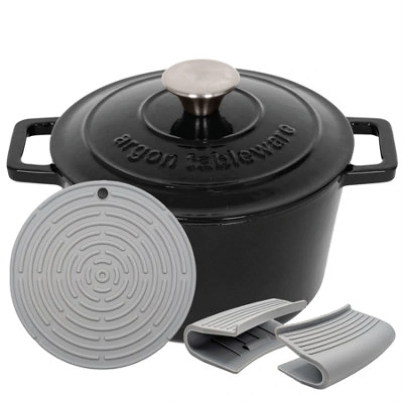 Image of Argon Tableware Round Cast Iron Casserole Dish - 2.8L Black Enamel Finish, Oven Safe Dutch Oven Cookware With Lid