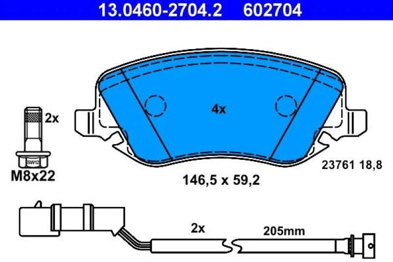 Image of ATE 13.0460-2704.2 Brake pad set incl. wear warning contact, with brake caliper screws Brake Pad Set,disc brake (402)
