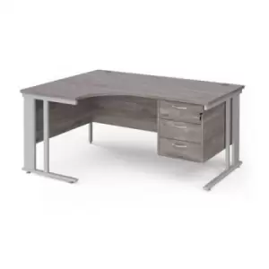 image of Maestro 25 left hand ergonomic desk 1600mm wide with 3 drawer pedestal - silver cable managed leg frame and grey oak top