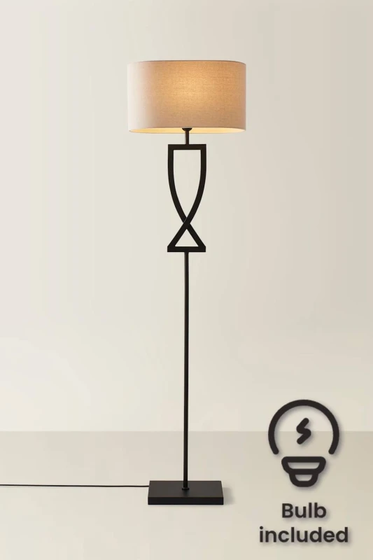 Image of ValueLights Katniss Metal Industrial Tall Floor Lamp with Linen Shade & Bulb in Black Unisex
