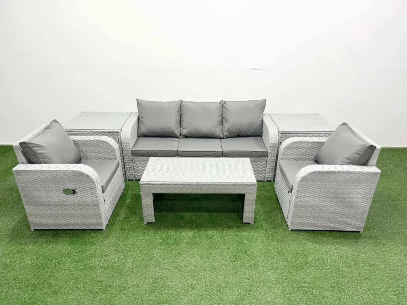 Image of Fimous PE Rattan Garden Furniture Set Reclining Chair Sofa Lounge Sofa Set Rectangular Coffee Table 2 Side Table Light Grey Light Grey
