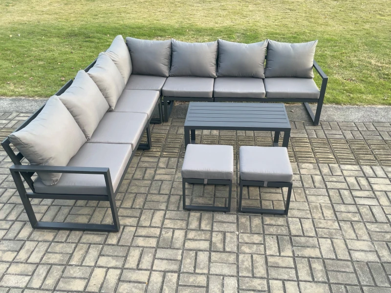 Image of Fimous Aluminium Patio Outdoor Garden Furniture Lounge Corner Sofa Set with Oblong Coffee Table 2 Small Footstools Dark Grey Dark Grey Unisex