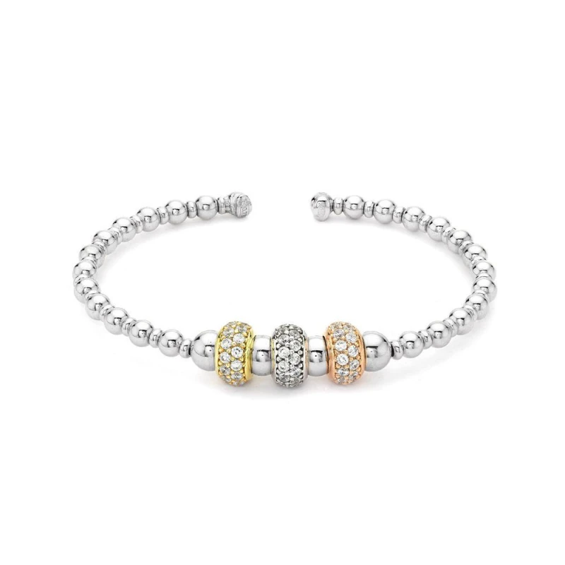 Image of Jewelco London 3 Colour Gold-plated Silver CZ Beaded Ball Cuff Bangle - ABG031 Multi