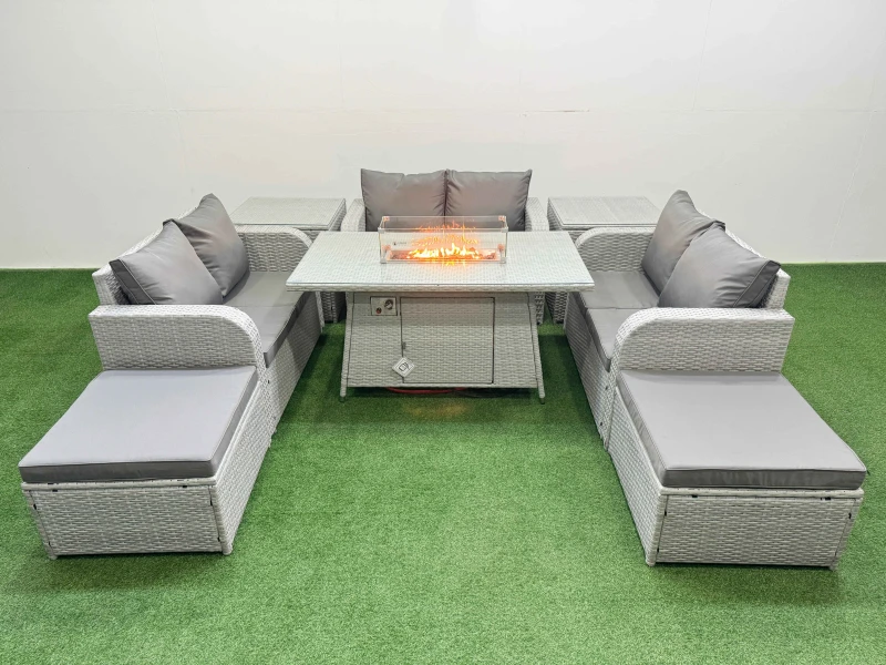 Image of Fimous 8 Seater PE Wicker Rattan Furniture Sofa Sets with Firepit Dining Table 2 Seater Love Sofa 2 Big Footstool 2 Side Table Light Grey Light Grey