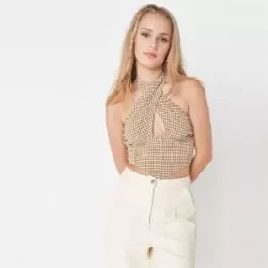 Missguided Cross Front Halterneck Crop Gingham - Brown