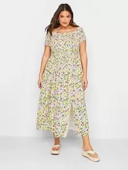Image of Yours Shirred Bardot Maxi Dress Pretty Floral, Pink, Size 14, Women