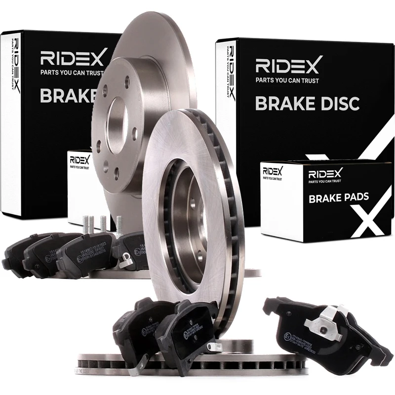 Image of RIDEX 3405B0447 Brake disc and pads set Rear Axle, Brake Disc Type: Solid, with acoustic wear warning Brake Set,disc brakes (3405)
