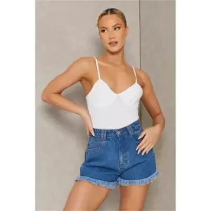 Image of I Saw It First Mid Wash Frayed Hem Denim Shorts - Blue