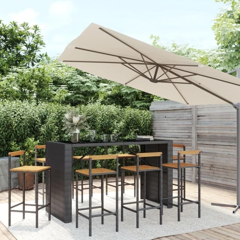 Image of VIDAXL 9 Piece Garden Bar Set Black Poly Rattan& Solid Wood Acacia Vidaxl 8720845880859