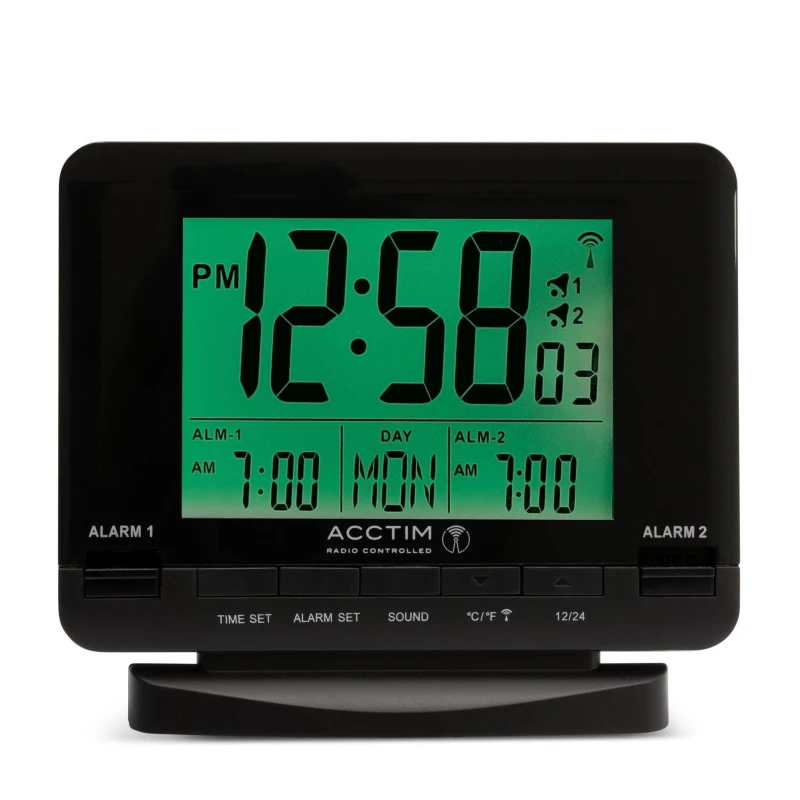 Image of Acctim Delaware Digital Alarm Clock Radio Controlled Dual Couples Alarm Date & Temperature Display Black