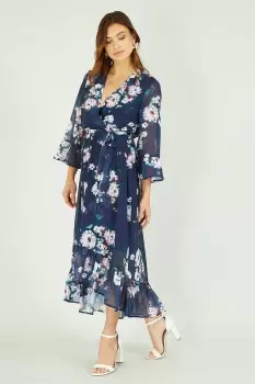 Image of Navy Watercolour Floral Dip Hem Midi Dress