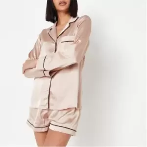 Missguided Satin Long Sleeve Shirt and Shorts Pyjama Set - Pink