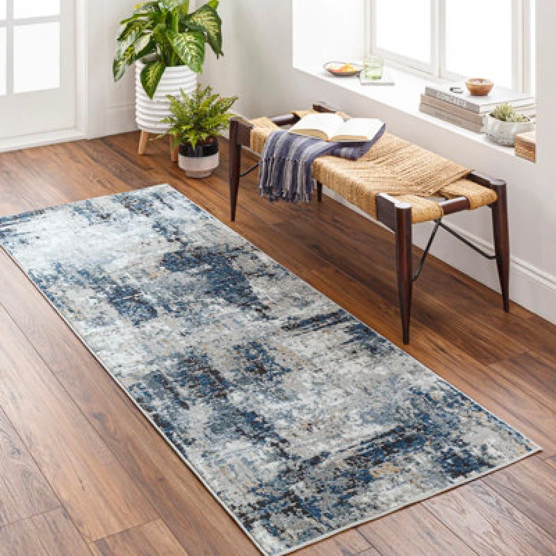 Image of Livabliss Jolie-Abstract Blue Grey Beige Black Modern Marble Living Dining Bedroom Rug 80 X 220 Cm Easy Care, Non Shedding